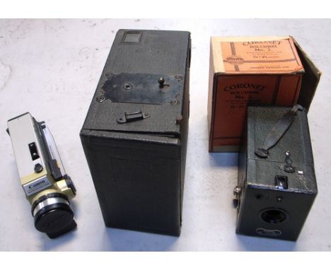 A Midget magazine camera, a Coronet box camera and a cased Canon Auto Zoom 318M cine camera (3).
