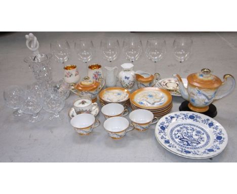 A quantity of ceramics and glassware to include Aynsley, a Japanese tea service, brandy glasses etc.