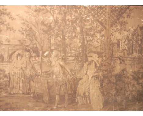 A Victorian oak framed tapestry depicting figures in dress in a garden beside a body of water, signed lower left Alonso Perez