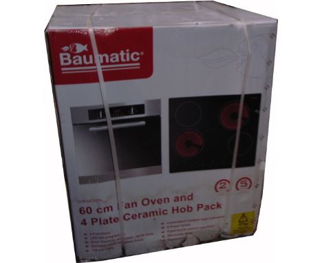 A new boxed Baumatic 60cm fan oven and four plate ceramic hob pack.