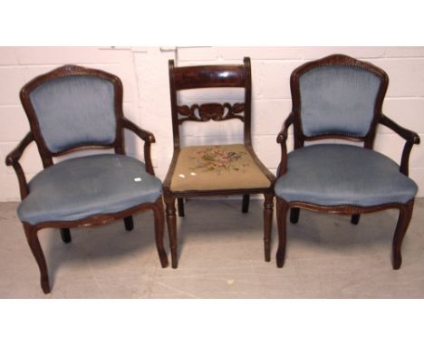 Two modern reproduction mahogany salon chairs upholstered in pale blue velvet and a late 19th early 20th century mahogany din