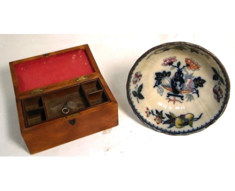 An early 20th century wooden jewellery box and a footed ceramic fruit bowl (2).