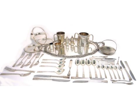 A quantity of silver plated items to include a twin handle tray, a cruet set, boxed flatware etc.