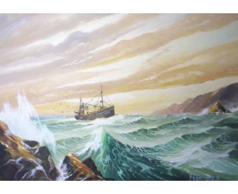 BRIAN R. ENTWISTLE; oil on canvas, "F H 21" on stormy waters, also bearing R.Jackson & Sons Print Sellers and Picture Frame M