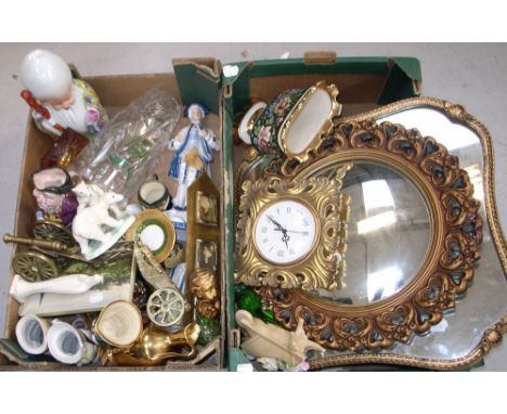 Two gilded mirrors, various Oriental figures, two Royal Doulton character jugs and a Hummel blanc de chine of the Madonna etc