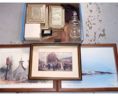 A collectors lot comprising a wooden cigarette box with mother of pearl decoration, a similar trinket box, shipping related i