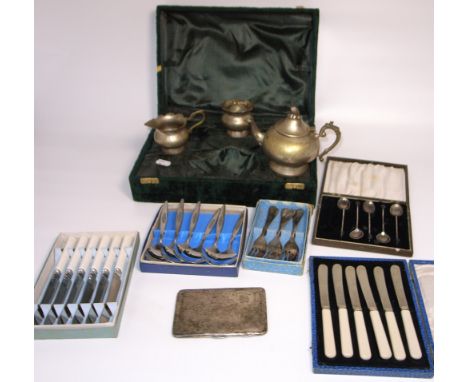 A quantity of silver plated items to include a green cased teapot, milk jug and sugar basin, cased flatware and a cigarette c