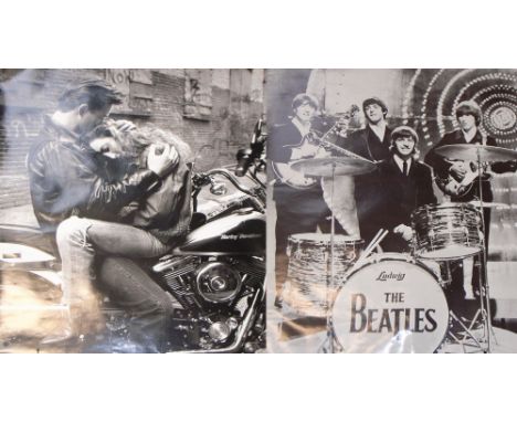 Five large pictorial posters including one monochrome image of The Beatles on stage, two of couples posing on Harley Davidson