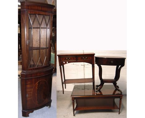 Four pieces of reproduction furniture to include a mahogany floor standing corner unit with glazed door to the top, measuring