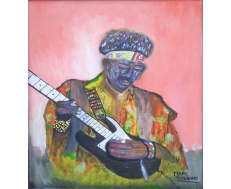MARC TUSGANY; acrylic on canvas, a naively painted portrait of Jimmy Hendrix playing an electric guitar, 40 x 30cm, framed.