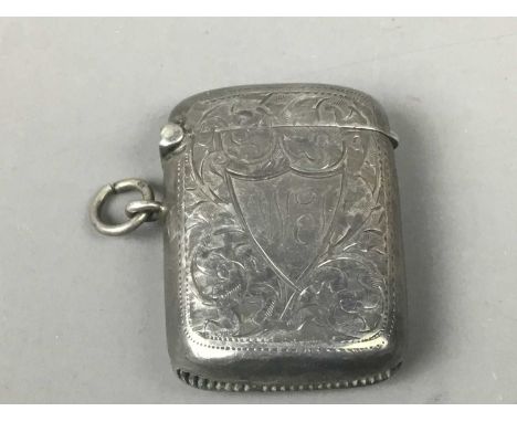 LOT OF VARIOUS SILVER JEWELLERY,including three bracelets, a napkin ring, propelling pencil and vesta case