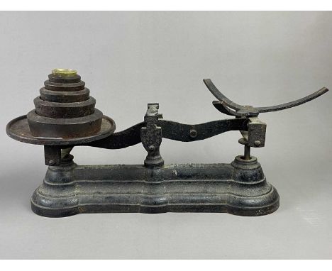 SET OF VINTAGE SCALES, along with a brass oil lamp and a miners lamp (3)