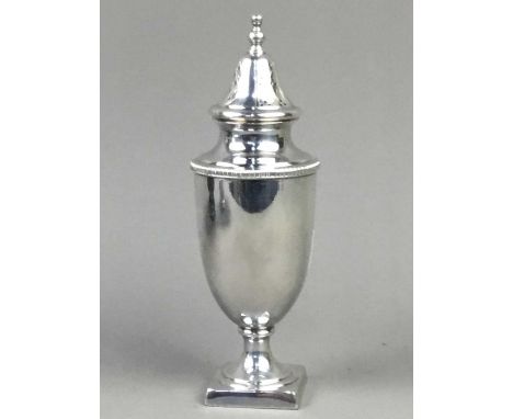 SILVER PLATED URN SHAPED SUGAR CASTER,20.5cm high, along with a Victorian plated and wood wine slide, a circular bowl, square