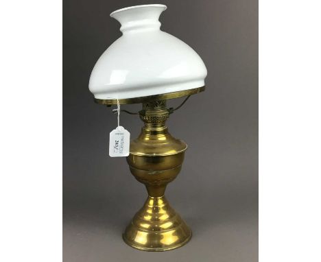 BRASS OIL LAMP,with opaque shade, along with an onyx and gilt table lamp (2)