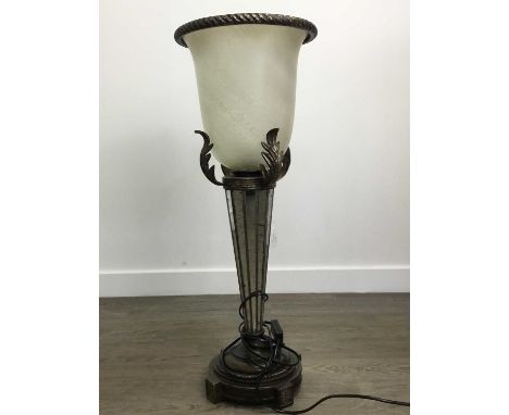 PAIR OF UPLIGHTER TABLE LAMPS,with mirrored bases and leaf decoration, 73cm high including frosted glass shadesCondition repo