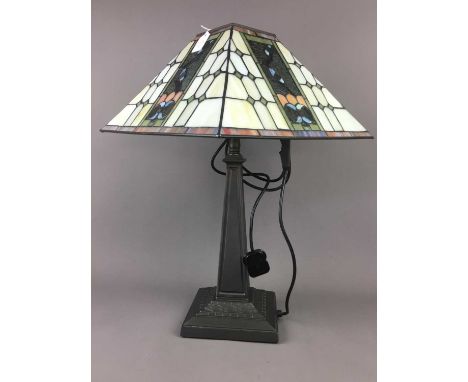 PAIR OF TABLE LAMPS,the lamp bases of brushed metal finish, with Tiffany style pyramid shaped shades, 63cm high including sha