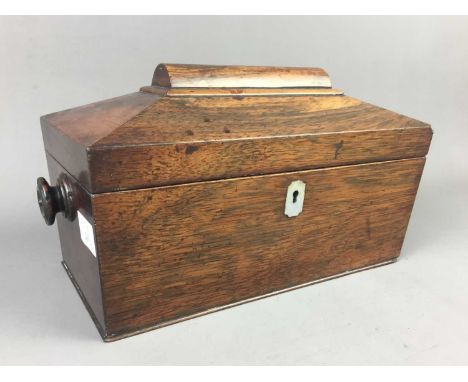 MAHOGANY TEA CADDY,along with a mantel clock (2)