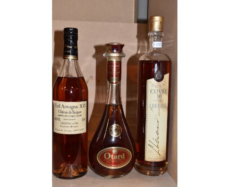 COGNAC, Three Bottles of Excellent Cognac, comprising 1 x LHERAUD Cuvee 10 no. 0741, 42% vol. 0.70L, 1 x VIEL Armagnac XO Cha