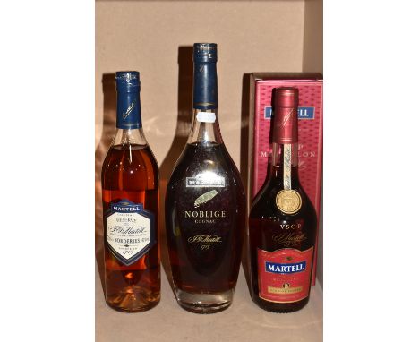 COGNAC, Three Bottles of MARTELL Cognac, comprising 1 x Reserve De J &amp; F Martell Borderies, 40% vol. 70cl, 1 x 1 Litre bo