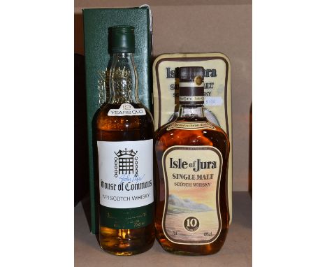 WHISKY, Two Bottles comprising 1 x ISLE OF JURA SINGLE MALT, aged 10 Years, 40% vol. 75cl, fill level bottom neck, seal intac