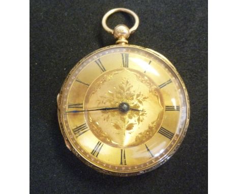 An 18ct gold cased pocket watch with floral and foliate engraved ornament, faced by an engine turned Roman dial