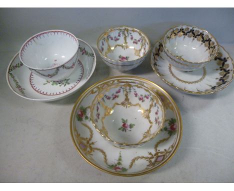 A late 18thC New Hall porcelain tea bowl and saucer, decorated in midnight blue and gilding; a contemporary tea bowl; and two
