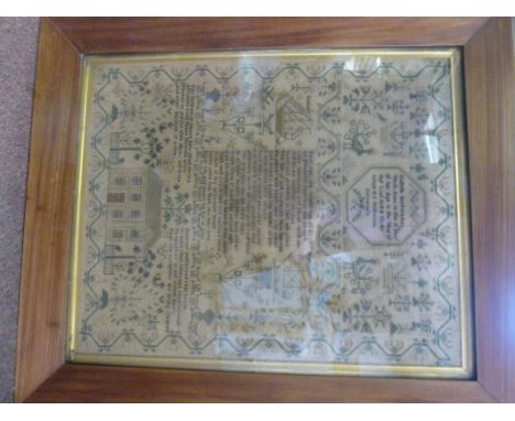 An early Victorian sampler, featuring a central and two sub-texts, surrounded by stylised flowers, trees, birds, boats, a hou
