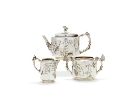 ϒAn Aesthetic Movement silver small three piece tea service by Elkington & Co., Birmingham 1879, PODR mark for 10th July 1875