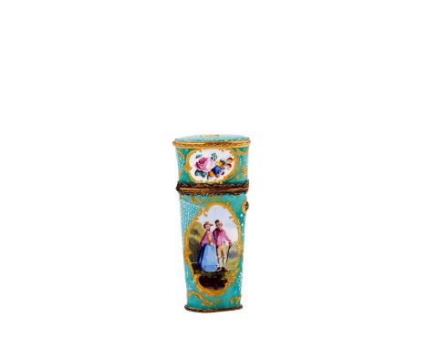 A south Staffordshire tapered oval section enamel etui, circa 1780, painted with panels of a couple, a landscape with figures