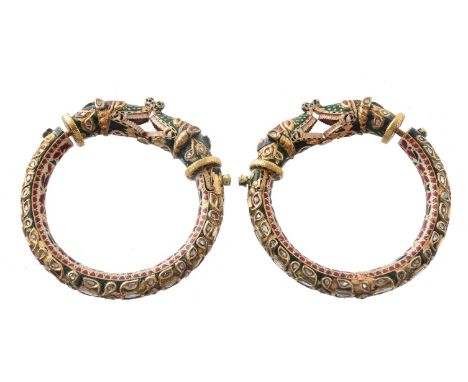 A pair of Jaipur enamel dragon bangles (Kada), the polychrome enamel hinged bangles kundan set with polki diamonds, with two 