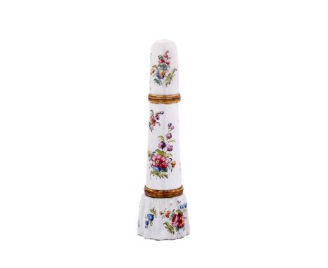 A south Staffordshire tapered enamel travelling inkwell and pen holder, circa 1780, painted with flower bouquets and sprays, 