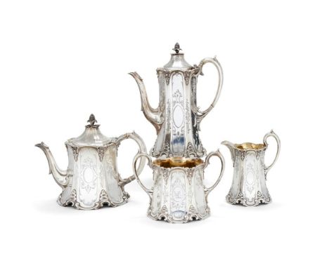 ϒA Victorian silver four piece tea and coffee service by Edward, John & William Barnard, London 1849, panelled circular and t