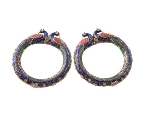 A pair of Jaipur enamel and diamond peacock bangles (Kada), the hinged bangles with polychrome enamel and kundan set with pol