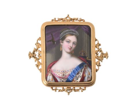 English School (circa 1837-38) Portrait of Queen Victoria   Enamel on metal   4cm x 3.2cm   In a gold brooch frame 6cm x 6cm 