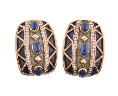 A pair of enamel, sapphire and diamond earrings by Amr Shaker, the panels with blue, green and mauve enamel, set with oval ca