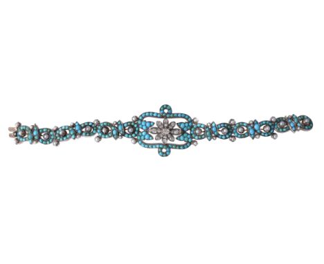 A late 19th century turquoise, diamond and pearl bracelet, circa 1880, the central flower head set with old cut diamonds, app