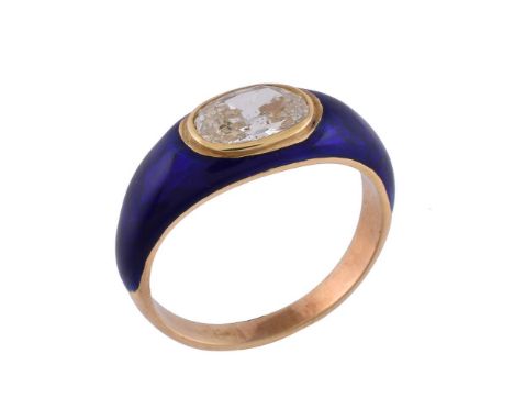 A diamond and enamel ring, the oval cut diamond, estimated to weigh 0.90-1.00 carats, collet set on a blue enamel band, finge