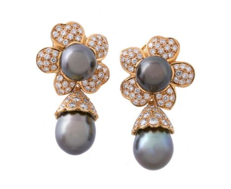 A pair of Tahitian cultured pearl and diamond earrings, the 15mm Tahitian cultured pearls beneath a brilliant cut diamond set