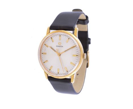 Omega, an 18 carat gold wrist watch, circa 1962, manual wind movement, 17 jewels, cal. 600, adjusted to 2 positions, silvered