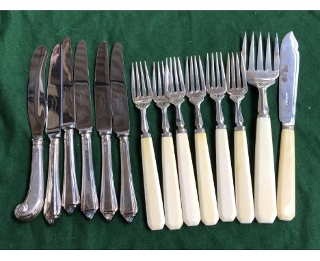 A set of six silver bone handled fruit forks, by Viner's, with matching serving fork and knive, together with 6 stainless ste