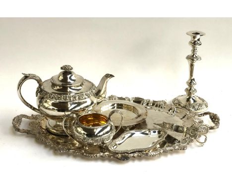 A mixed lot of plated wares to include a large chased style tray, teapot etc 