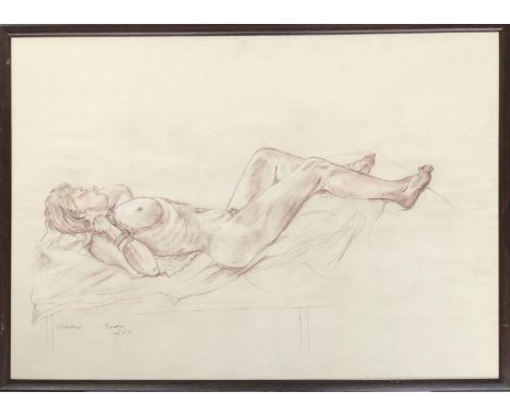 Judy Walford, reclining nude, 59x83cm; together with one other 'study in sepia', portrait of a man, 75x60cm 