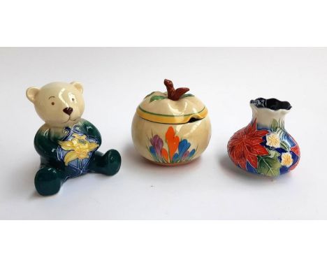 A Clarice Cliff lidded jar together with an Old Tupton Ware teddy bear &amp; vase, all stamped to base 