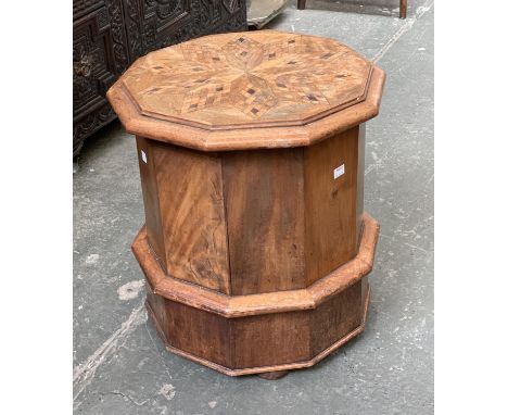 An decagonal mahogany and parquetry commode stool, with original lid and ceramic liner, 44x48cmH 