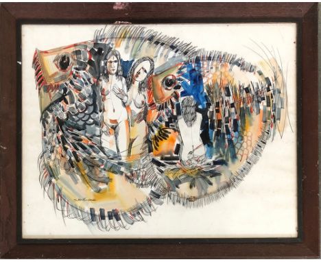 Three nudes within fish, mixed media on paper, signed indistinctly lower left, 55x70cm 