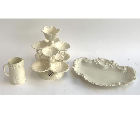 A Hartley Greens &amp; Co. Leeds pottery tiered stand; together with a Royal Worcester ivory dish, rd no. 160131, 32cmW; and 