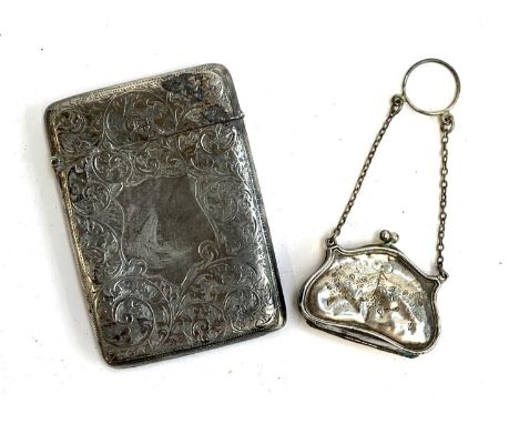 A silver card case, allover engraved with scrolls, together with a miniature silver coin purse 