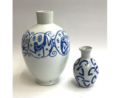 A decorative blue and white ceramic lamp base, together with one other blue and white ceramic vase, base marked Cianco 35cmH,