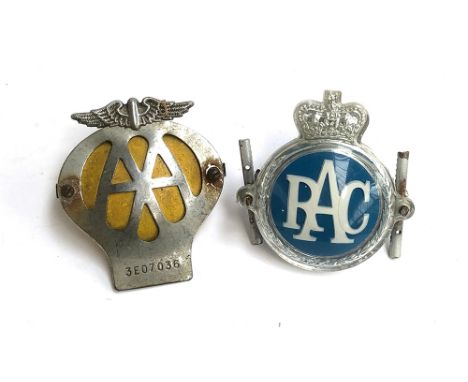 A vintage AA car badge, number 3E07036; together with an RAC badge 