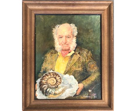 G.H Stanfield, portrait of a man with large fossil, oil on board, signed and dated 1973, 54x42cm; together with a photograph 